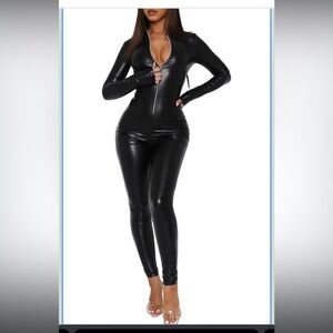 Chic Black Faux Leather Jumpsuit